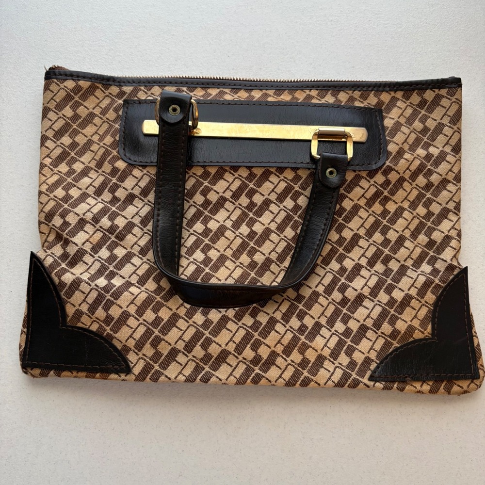 Vintage Saks Fifth Avenue SFA Monogram Jacquard Bag Brown Gold Hardware France